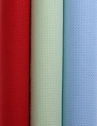 Image of KCS 3 pc of 15 inch x 18 inch(38cmx45cm) Counted Cross Stitch Cotton Aida Cloth Needlework Rolled Fabric Box,18CT,Light Blue+Light Green+Red