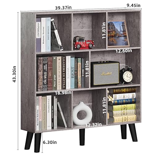 LEYAOYAO 8 Cube Bookshelf,Farmhouse Bookcase with Legs,Modern Dirty Grey Mid-Century Bookshelves,Large 3 Tier Open Storage Organizer Shelf, Retro Wood Display Book Case