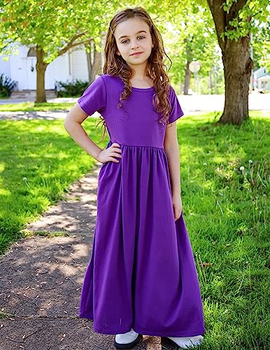 Image of Arshiner Girls Maxi Dress Long /Short Sleeve Casual Holiday Dress with Pockets for 5-13 Years