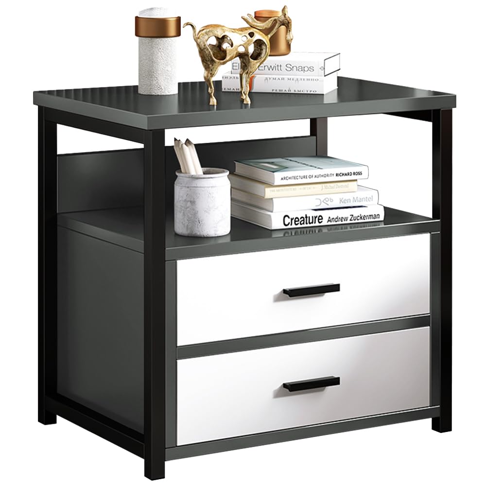 ALLSOLA Nightstand, Industrial Bed Side Table with 2 Drawers Storage Open Shelf, Sturdy End Table with Steel Frame, Night Stand for Bedroom, Living Room (40 * 34 * 50cm)