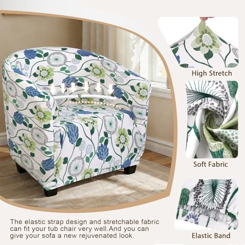 Image of SearchI Club Chair Slipcover Stretch Barrel Chair Covers Printed Tub Chair Slipcovers Soft Spandex Armchair Sofa Cover Removable Couch Furniture Protector for Living Room (Green Floral)