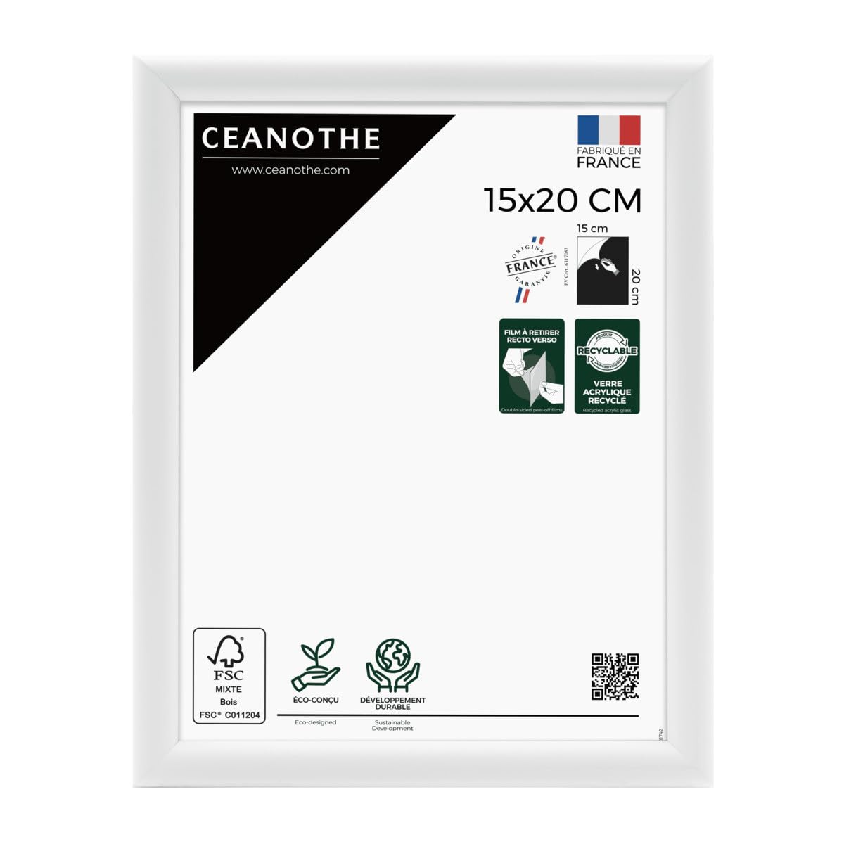 Ceanothe Cadre Photo 15x20 cm en Bois Blanc, Pour Exposition et Idéal pour Portrait Bureau et A5, posters, affiches, puzzles. Collection Essentiel Verre acrylique Incassable Fabriqué en France