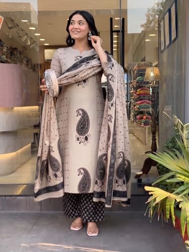 Image of Nermosa Women's Pure Viscose Block Printed Ethnic Wear Straight Kurta Set with Palazzo Pants & Dupatta | Kurta Set for Women | 3 Piece Set