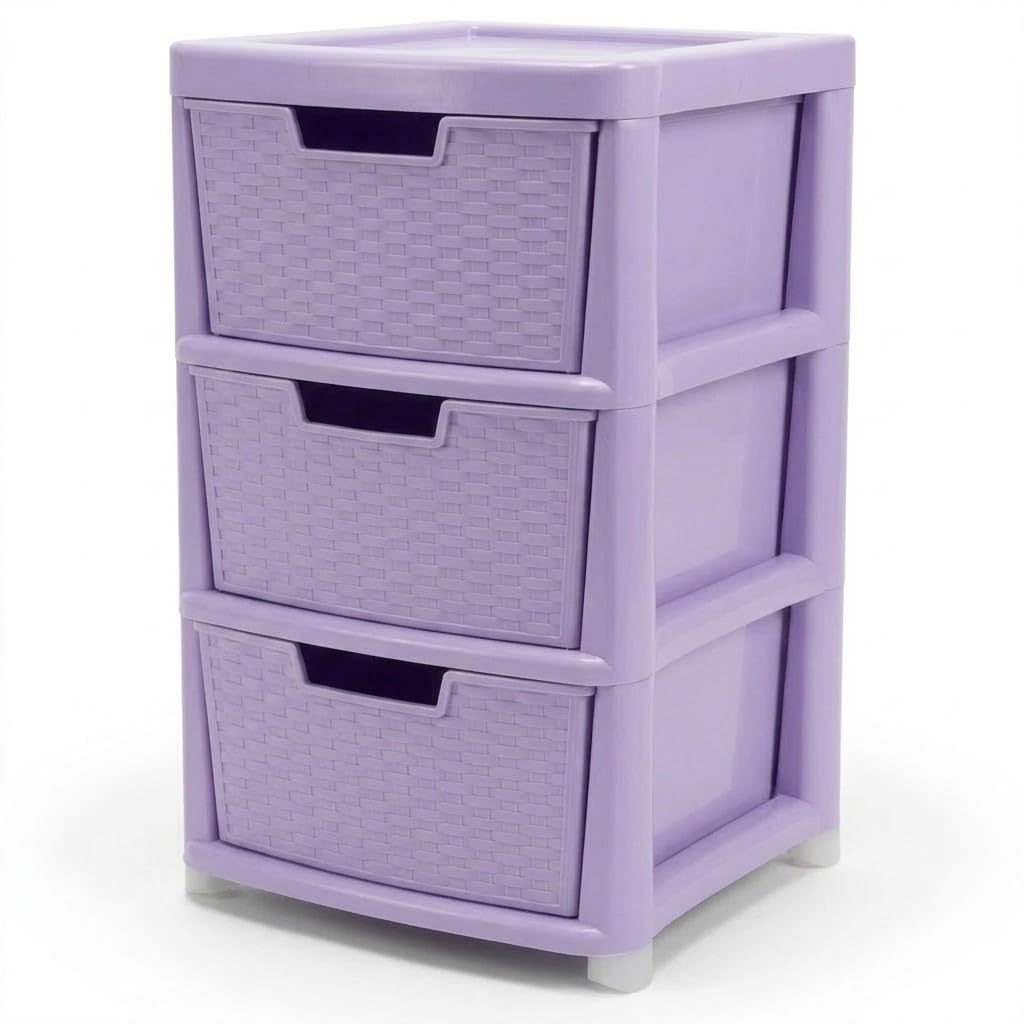 Kaanco Large Plastic Storage Drawers Rattan Effect Storage Unit Tower Space Saving Plastic Drawers for Bedroom Office Kitchen Laundry Bathroom Clothes Toy Home Organisation (3 Tier Rattan Lilac)