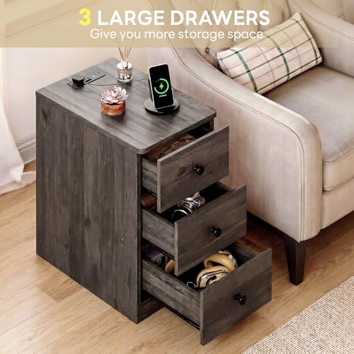 Image of LIKIMIO Nightstand with Charging Station, Narrow Bedside Table with 3 Drawers, End Table with USB Ports and Outlets, Side Table for Living Room /Bedroom Modern, Charcoal Grey