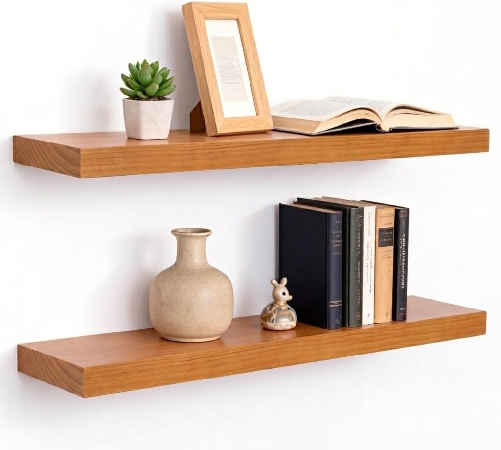 Floating Shelves for Wall 32 Inch Solid Real Wood Shelves Set of 2 Rustic Farmhouse Wall Mounted Wood Shelf for Bedroom Living Room Bathroom Kitchen Home Decor Office
