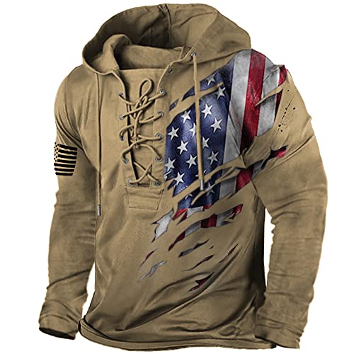 PORCLAY Men’s American Flag Hoodie Outdoor Military Tactical Hooded Sweatshirt Graphic Printed Laceup Pullover Shirt