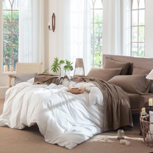 Image of MooMee Sheet Set 100% Washed Cotton Linen-Like Extra Deep Pocket Queen | Relaxed Linen-like Texture. Soft, Breathable & Lightweight Comfort. 15-19 inch Extra Deep Pocket with All-around Elastic