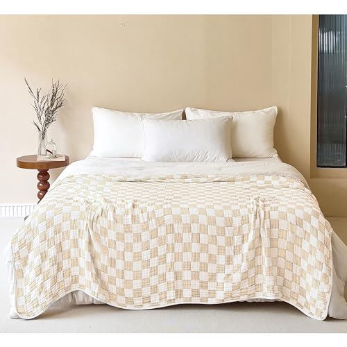 Image of 100% Cotton Muslin Blanket Cream Checkerboard 6-Layer Gauze King Bed Blanket Lightweight Soft and Breathable Blanket for Couch Bed Coverlet (Cream Checkerboard, King)