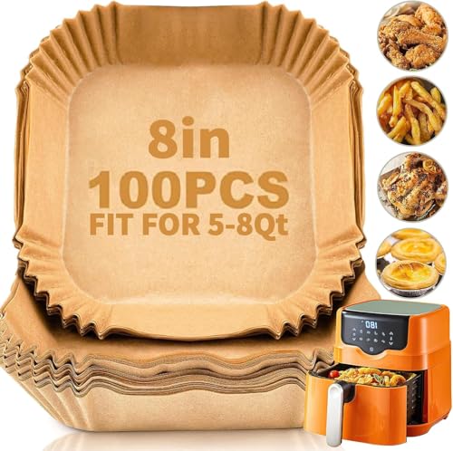 VITAPREP Air Fryer Paper Liners 100Pcs - 8 Inch Square for 5-8 QT Basket, Non-Stick Unbleached Parchment Liners, Microwave Safe Disposable