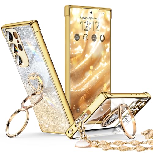 Image of XYZ for Samsung Galaxy S24 Ultra Case with Stand, Galaxy S24 Ultra Case with Double Ring, Women Girls Bling Luxury Glitter Clear Phone Case Cover Heart for Samsung Galaxy S24 Ultra, Gold