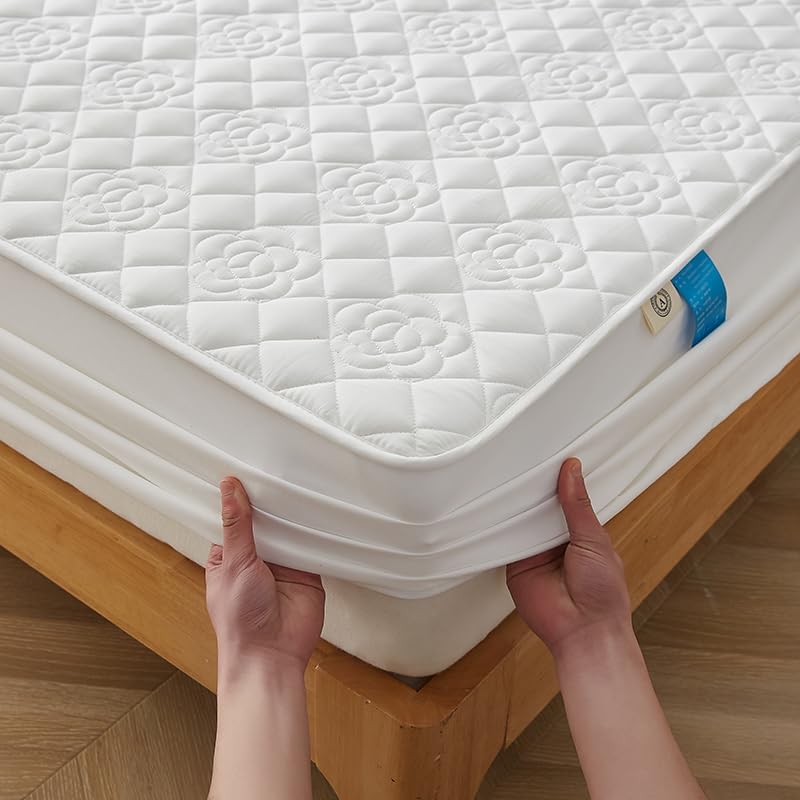 Quilted Mattress Protector Fit up to 12 Inches Deep Soft Breathable Mattress Pad Cover,Jacquard Design, Breathable Easy Care for Bedroom (White,Twin)