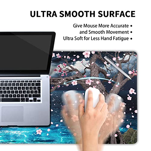 Image of Pink Cherry Blossom Gaming Mouse Pad XL Sakura Tree Blue Ocean Moon Night Extended Big Large Desk Mat Non-Slip Rubber Base Stitched Edge Long Keyboard Mousepad for PC Computer Laptop,31.5x11.8 in