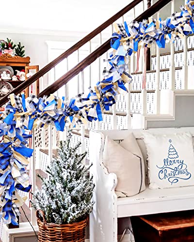 7 Feet Christmas Garland Blue And White Ribbon Burlap Rag Garland Blue Sliver Christmas Buffalo Plaid Fabric Hanging Banner For Mantel Stairs Christmas Tree Xmas Party Holiday Decor #TOP6