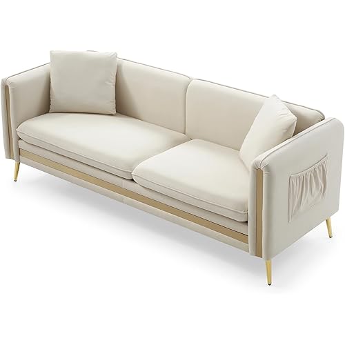 Homtique 77 Inch Upholstered Velvet Sofa Couch, Modern Sofa for Living Room with Side Pocket and 2 Pillows, Gold Metal Legs Decor Couches Furniture for Apartment/Office (Beige)