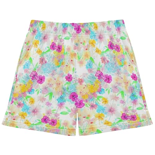 Girls Athletic Lounge Shorts Colorful Floral Flowers Print Casual Comfy Pajama Sleepwear for Kids Teens, X-Small