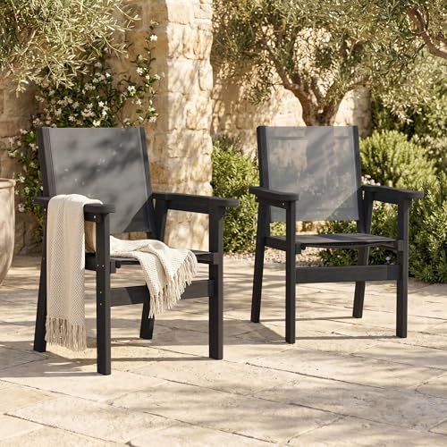 Image of HDPE Outdoor Dining Chairs Set of 2 | Textilene Weather Resistant Patio Stackable Chairs for Garden, Backyard, Lawn and Poolside, Black