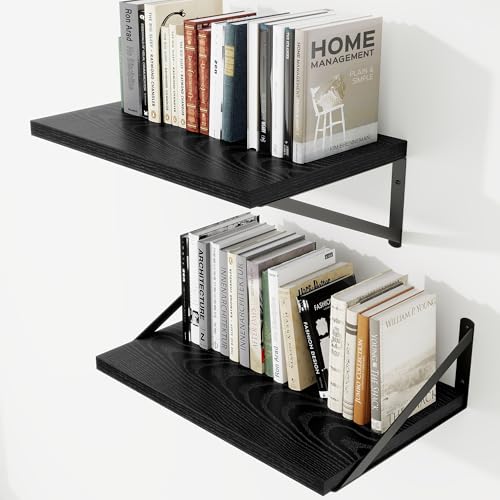12" Deep Wall Shelves with Metal Brackets, 16" Wide, Black Finish, 2pcs
