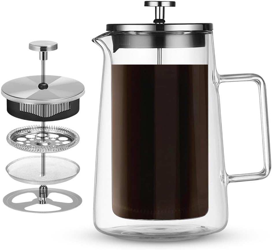 Zaparzacz do kawy French Press, szklana prasa do kawy, urządzenie do przygotowywania kawy do domu, termiczny design z podwójną ścianką, ręczna prasa do kawy, przezroczysty filtr, nadaje się do mycia w