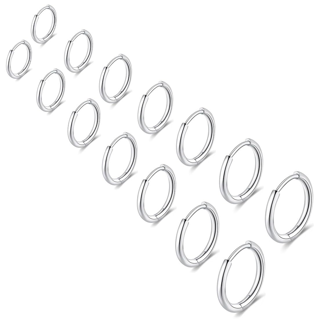 7 Paia di Orecchini Argento a Cerchio per Uomini e Donne, Orecchini Uomo, Orecchini Cerchio, Leggeri, Cartilagine, Ipoallergenico, 8-20 mm, Acciaio Inossidabile