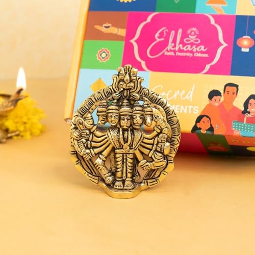 Image of Ekhasa 100% Pure Brass Panchmukhi Hanuman Idol with Gift Box | Bajrangbali God Statue for Home Door Entrance Main Door Vastu Protection | Religious Housewarming Grah Pravesh Gift