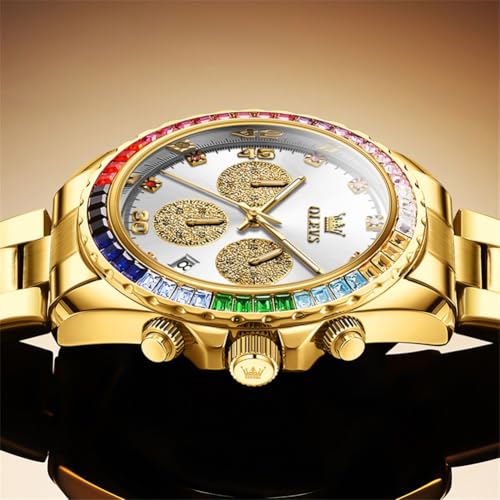 Image of OLEVS Watch for Men Luxury Gold Diamond Chronograph Business Wristwatch with Analog Quartz, Date Calendar, Stainless Steel Band, Luminous Hands, Waterproof