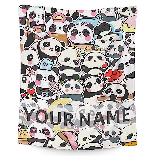Personalized Panda Blanket Gifts with Name - 60"x80" Cute Throw Blanket for Kids, Adults - Black Soft Fuzzy Blankets for Bed, Couch & Living Room