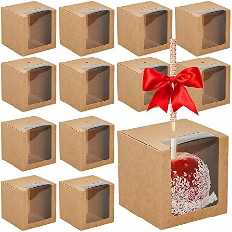 100 Pcs Candy Apple Boxes with Hole Top, 4 x 4 x 4 Inch Caramel Apple Boxes Kraft Apple Boxes Clear Window Gift Boxes for Christmas Ornaments Wedding Baby Shower Party Favors Cover