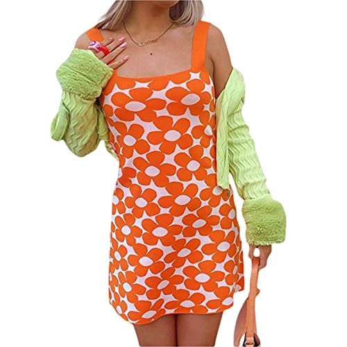 Womens Funky Bodycon Cutout Cami Mini Dress Y2K 90s Girl Flower Printed Slim Fit A-Line Dresses Beach Sundress(E-Orange,Medium)