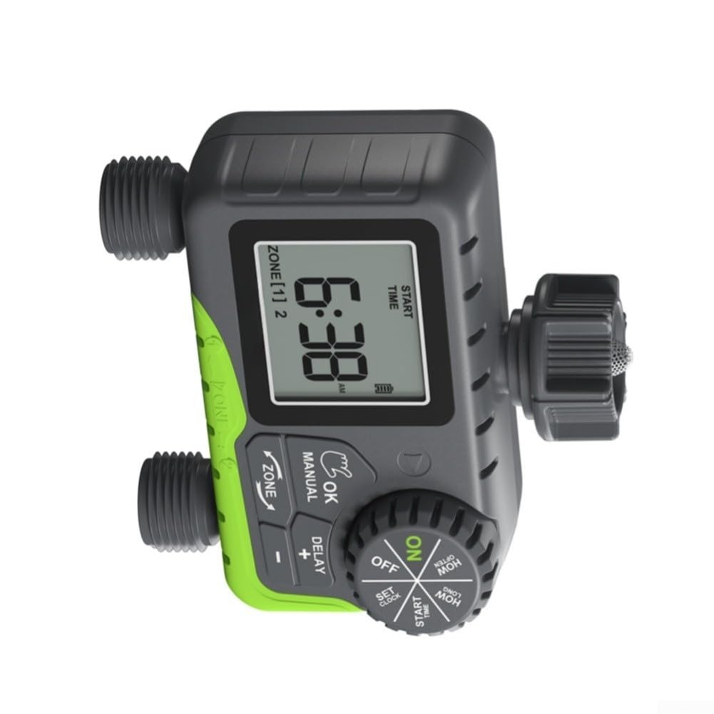 Timer automatico dell'acqua a 2 zone, regolatore con ritardo di pioggia, per sistemi di irrigazione da giardino del Regno Unito, display LCD digitale (B)