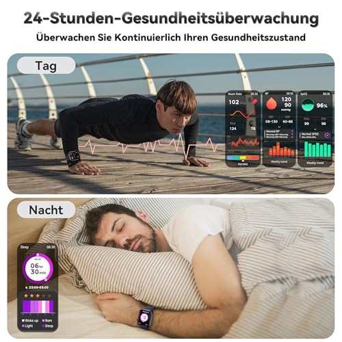 Smartwatch Damen Herren, 1.83" HD Fitness Tracker mit Schrittzähler/Blutdruckmessung/Pulsuhren/Telefonfunktion, Schlaftracker… – Ansicht 3
