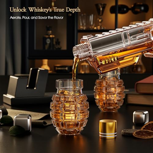 Image of Kollea Whiskey Decanter Set with Grenade-Shaped Shot Glasses, Anniversary Birthday Gifts for Men Who Have Everything, Whiskey Gifts for Father, Husband, Boyfriend & Military Enthusiasts, Fathers Day