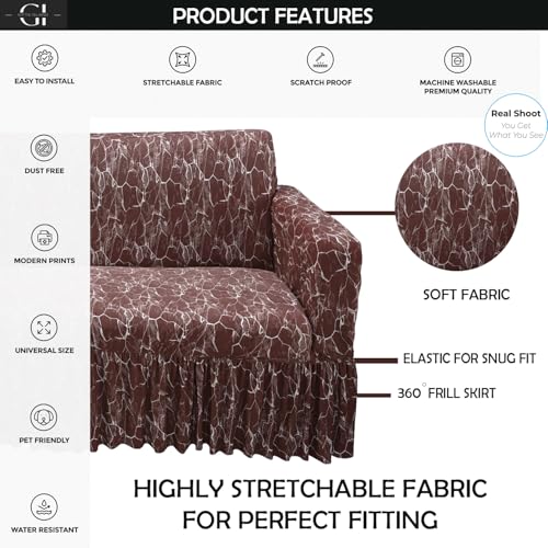 Image of Gifts Island Sofa Cover Set Marble Design 5 Seater Fully Covered Universal Polycotton Spandex with 360 Frill Non-Slip Sticky Elastic Stretchable Sofa Slipcover for Livingroom (Brown Marble)