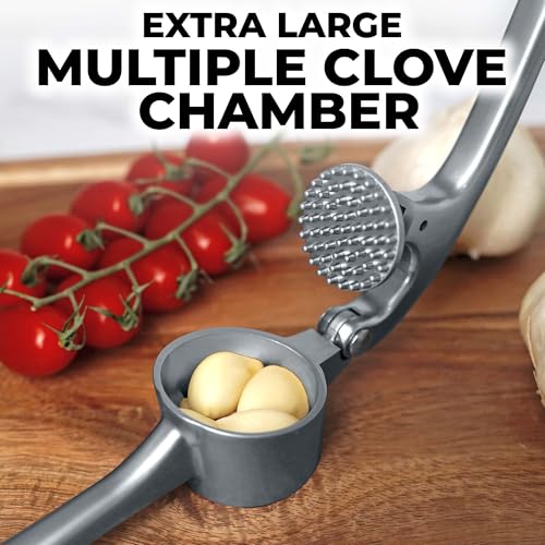 Image of Zulay Kitchen Large Premium Garlic Press Set - Bigger Bowl for Bigger Garlic - Rust Proof Garlic Mincer Tool - Easy-Squeeze, Easy-Clean Silicone Garlic Peeler & Brush (Slate)