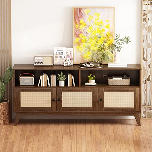 Mid-Century Modern Rattan TV Stand with Storage for Living Rooms