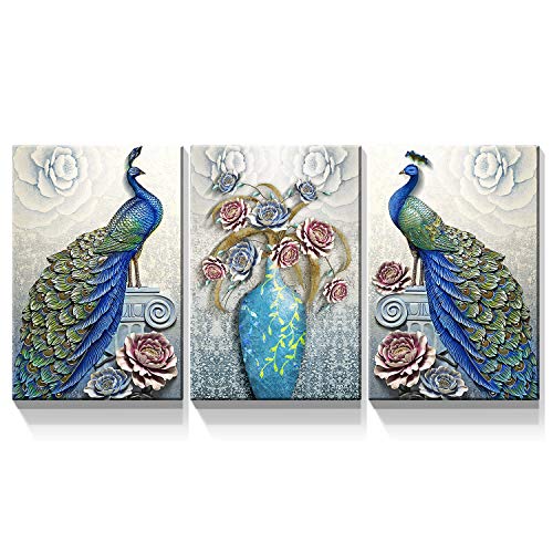 Denozer - 3 Piece Peacock Canvas Wall Art Paintings - Elegant Peacock and Flower Pictures On Canvas Animal Wall Decor for Living Room Modern Home Decor- 32