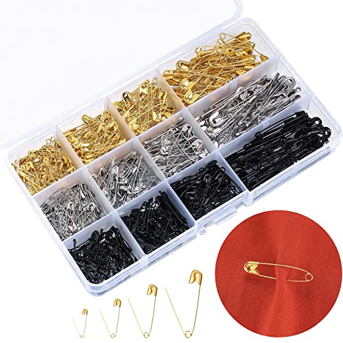 540 Stück Sicherheitsnadeln Sortiert, Kleidung Sicherheitsnadeln klein mittelgroß für Kunsthandwerk Nähen Kleidung Kunst, Gold Silber Schwarz, 19 mm, 22 mm, 28 mm, 38 mm (DREI Farben -540)