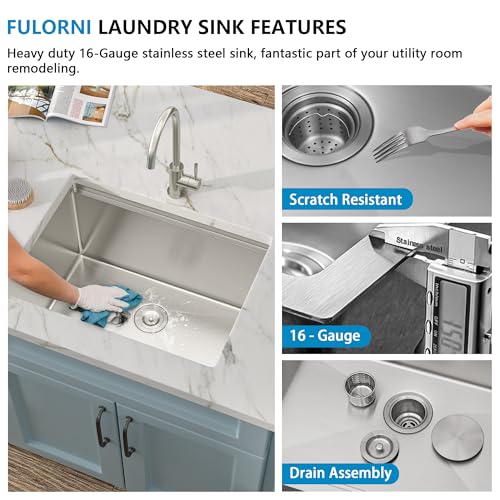 Image of 24 inchx18 inch Undermount Kitchen Sink Workstation - 16 Gauge 304 Stainless Steel, 13 Inch Deep Single Bowl Under Counter Sink Basin for Kitchen, Laundry Room, RV or Utility Use
