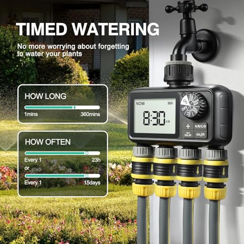 Image of LABART Sprinkler Timer, 4 Outlets Programmable Water Timer with Brass Inlet for Garden Hose, Outdoor Hose Timer with Rain Delay /Manual /Automatic Watering System, Digital Irrigation Timer for Yard /Lawn