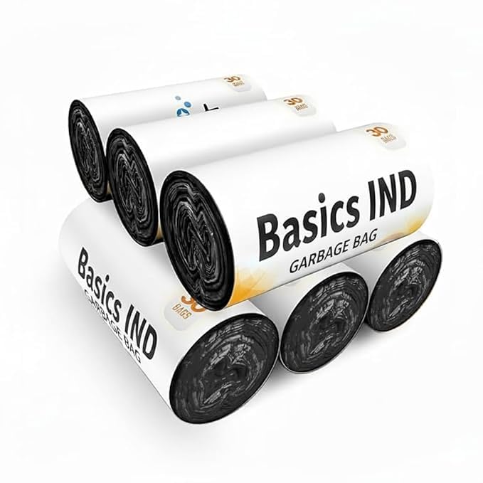 Basic Ind Heavy Duty Garbage Bags | Tear-Resistant Trash Bin Liners | 30 Bags (6 Rolls) | Fits Standard Kitchen & Home Dustbins | Strong Leak-Proof Plastic | 19 X 21 Inches | Black, Medium