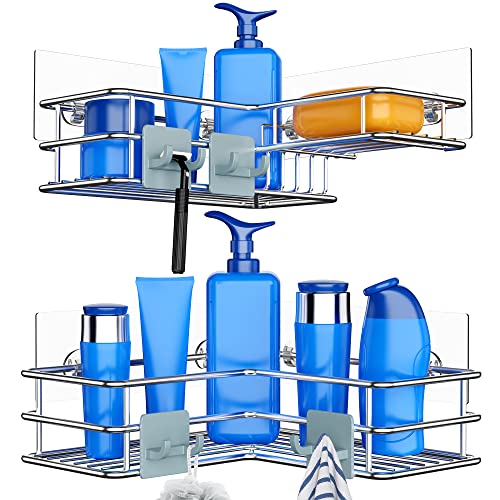 Nieifi 2 Pack Adhesive Corner Shower Caddy With Hooks With Built-In Soap Holder, Rustproof Shower Shelf Organizer Rack Basket For Inside Shower, Bathroom, Kitchen, Silver #TOP23