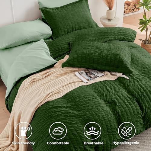Image of HYMOKEGE Dark Green /Sage Green California King Comforter Set Seersucker 7 Pieces, All Season Luxury Bed in a Bag for Bedroom, Bedding Set with Comforter, Sheets, Pillowcases & Shams