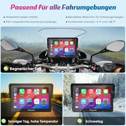 2025 Carpuride W502B Motorrad-Carplay-Bildschirm für BMW R1200GS R1250GS S1000XR Motorrad, 5 Zoll Wasserdichter Touchscreen, Tragbare Carplay/Android Auto,GPS-Navigation, Dual Bluetooth