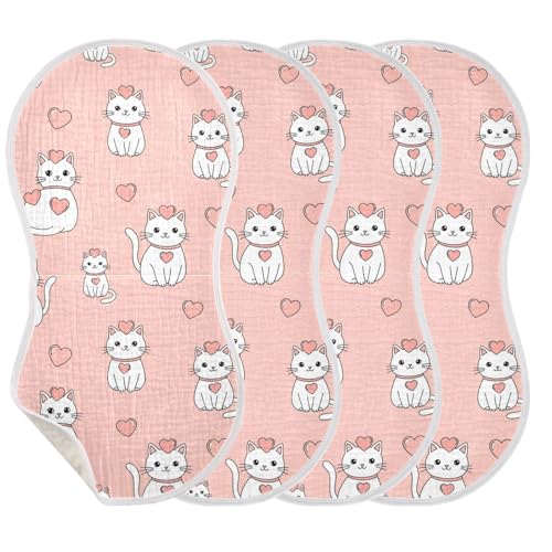 J JOYSAY Cute Cats Hearts Pink Baby Burp Cloths for Boys Girls Large 22''x11'' Cotton 4 Layer Burp Cloths for Unisex one sizex4