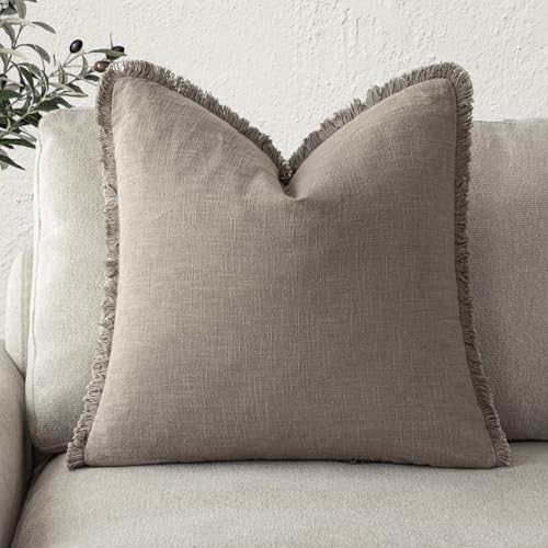 Image of Foindtower Decorative Linen Fringe Throw Pillow Covers Cozy Boho Farmhouse Cushion Cover with Tassels Soft Accent Pillowcase for Chair Sofa Bed Living Room Home Decor, 20x20 Inch,1PC,Brown Tan