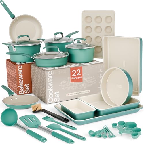 Pots and Pans Set, 22-Piece Non Stick Cookware & Bakeware Sets with Plaid Pattern, Stackable Design...