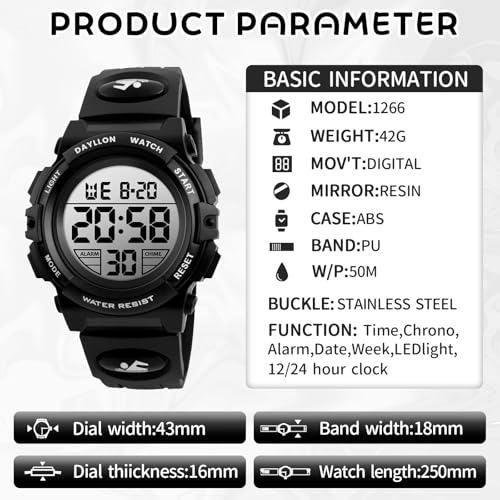 Image of Dayllon Kids Digital Watch Boys Outdoor Sports 50M Waterproof Girls Watches Alarm Clock 12 /24 H Stopwatch Calendar for Ages 3-15 Boy Girl Wristwatch Kids Gift
