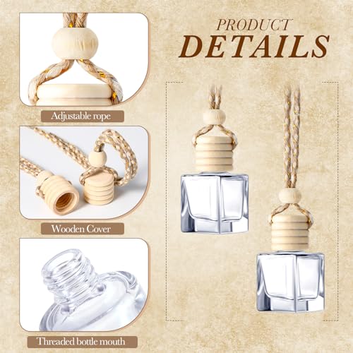 BBTO 200 Pcs Hanging Car Diffuser Bottles Bulk, Empty Clear Glass Air Freshener Bottles with Wooden Cap for Perfume Essential Oils Fragrance Aromatherapy Ornament(Square) - Image 5