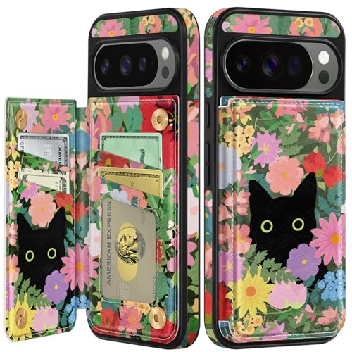 Shorogyt for Google Pixel 10 Pro XL Wallet Case with Card Holder - Flower Cat Design Kickstand for Magnetic Clasp Back Flip Folio Leather Phone Cases for Pixel 10 Pro XL for Women Girls Men