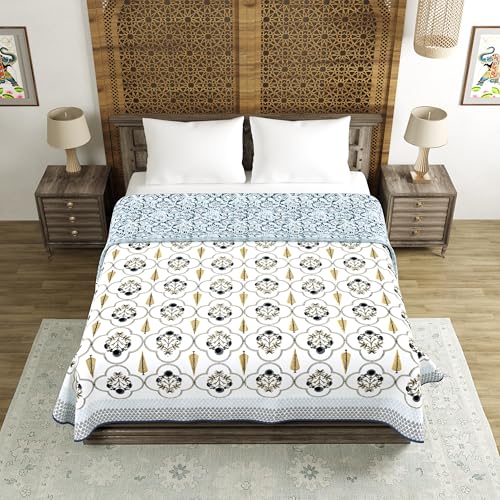 Image of BLOCKS OF INDIA 100% Cotton Dohar King Size Reversible Hand Block Printed Malmal Summer Dohar /Blanket (Color 56)